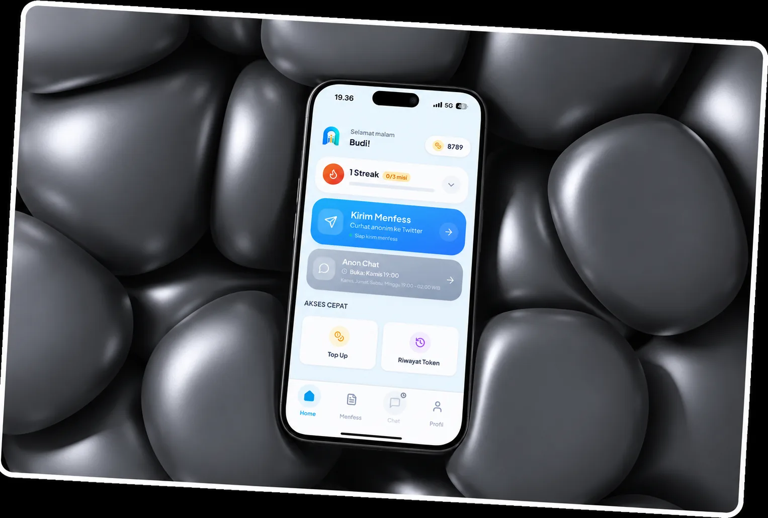 Ganesa Space mobile dashboard with menfess, AnonChat, and token wallet
